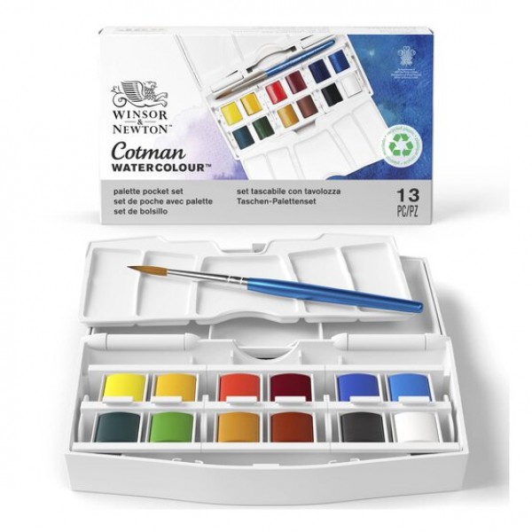 Akvareļkrāsas Winsor&Newton Cotman Pocket plus, 12krāsas + ota un palete
