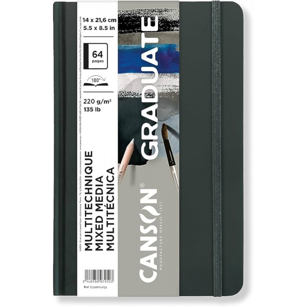 Zīmēšanas bloks cietos vākos ar gumiju Canson Graduate Mixed Media Grey, A5, 220 gr, 64lp