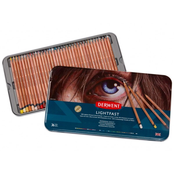 Krāsainie zīmuļi Derwent "Lightfast" metāla penālī, 36 krāsas