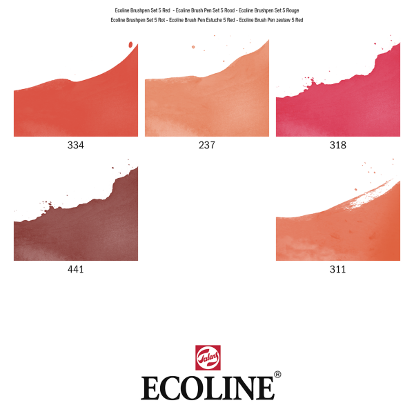 Akvareļu flomāsteri ECOLINE Brush Pen, 5 sarkanie toņi.